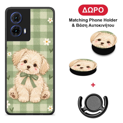 Puppy and Daisies on Sage Gingham - Motorola Moto G85 θήκη + Δώρο Phone Holder & Βάση Αυτοκινήτου