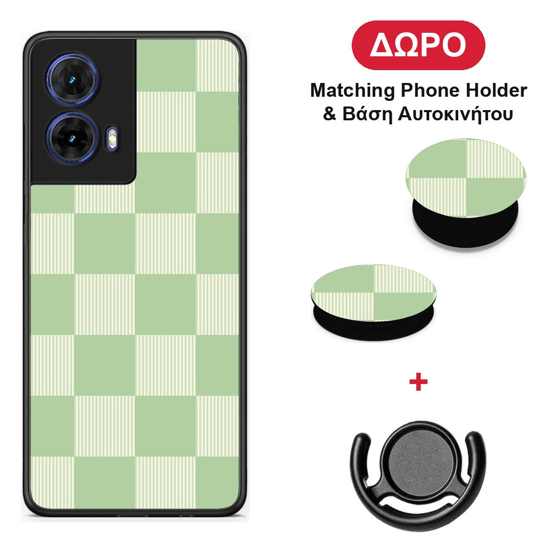 Sage and Cream Striped Checks - Motorola Moto G85 θήκη + Δώρο Phone Holder & Βάση Αυτοκινήτου