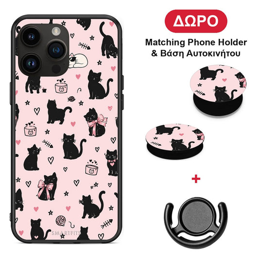 Black Cat Doodles on Pink - Θήκη Κινητού + Δώρο Phone Holder & Βάση Αυτοκινήτου