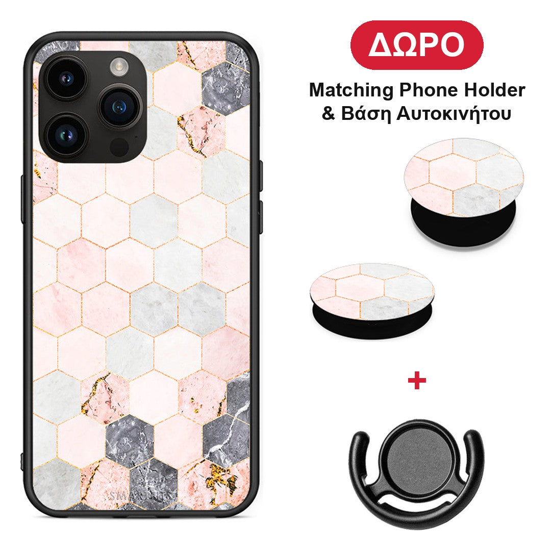 Marble Hexagon Pink - Θήκη Κινητού + Δώρο Phone Holder & Βάση Αυτοκινήτου