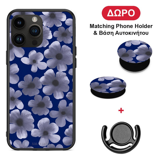 Pale Blue Flowers on Navy - Θήκη Κινητού + Δώρο Phone Holder & Βάση Αυτοκινήτου