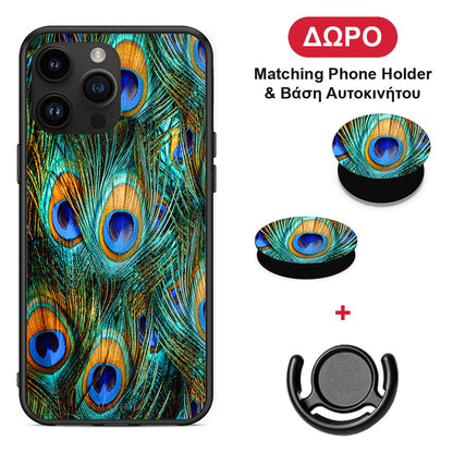 Real Peacock Feathers - Θήκη Κινητού + Δώρο Phone Holder & Βάση Αυτοκινήτου