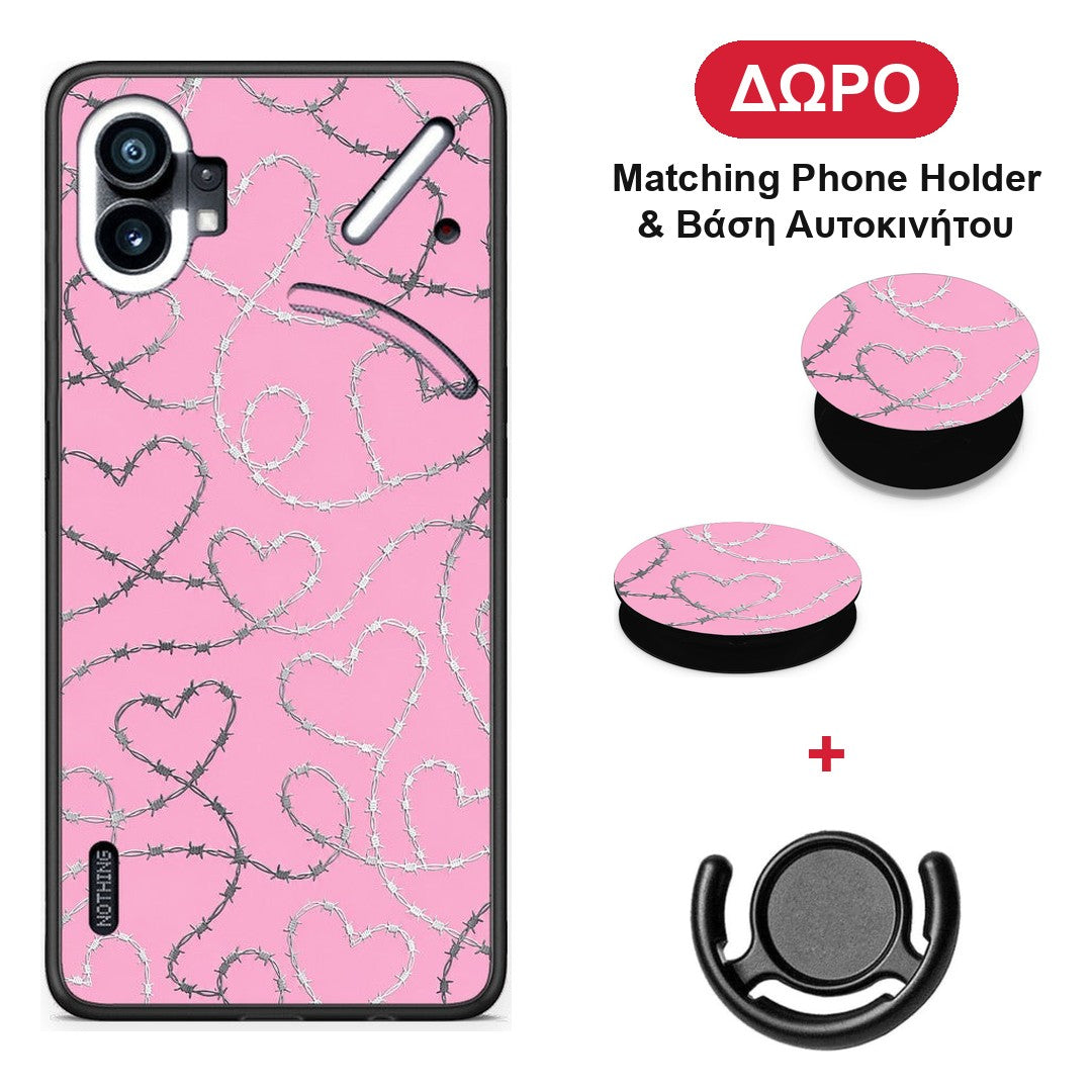 Barbed Wire Hearts on Pink - Nothing Phone 1 θήκη + Δώρο Phone Holder & Βάση Αυτοκινήτου