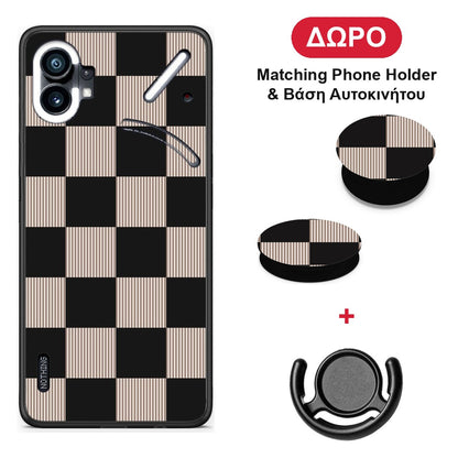 Black and Taupe Striped Checks - Nothing Phone 1 θήκη + Δώρο Phone Holder & Βάση Αυτοκινήτου