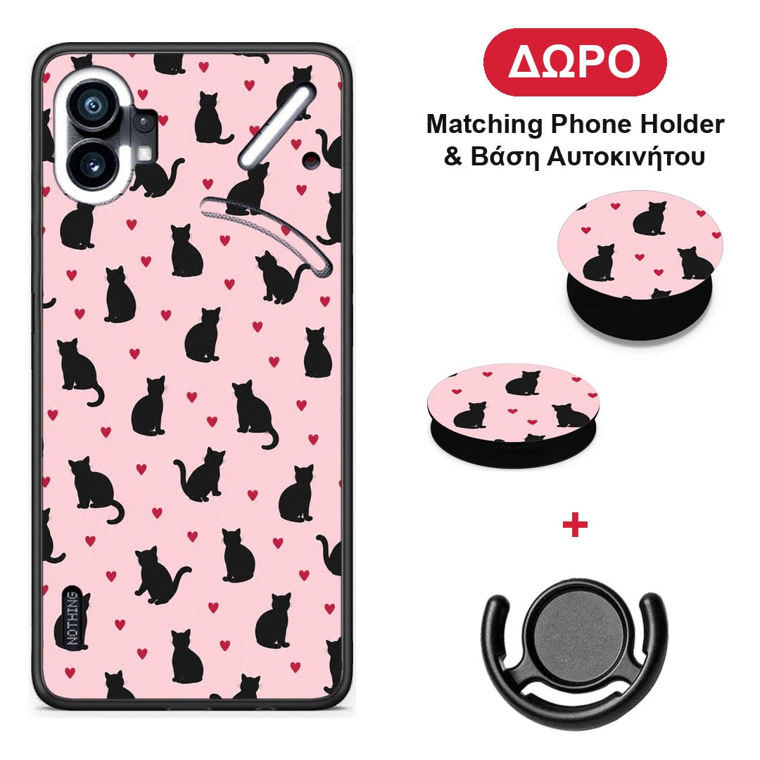 Black Cat Silhouettes and Hearts on Pink - Nothing Phone 1 θήκη + Δώρο Phone Holder & Βάση Αυτοκινήτου