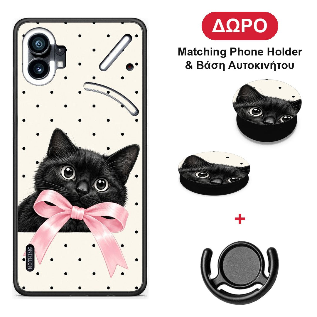Black Kitten Pink Bow and Polka Dots - Nothing Phone 1 θήκη + Δώρο Phone Holder & Βάση Αυτοκινήτου
