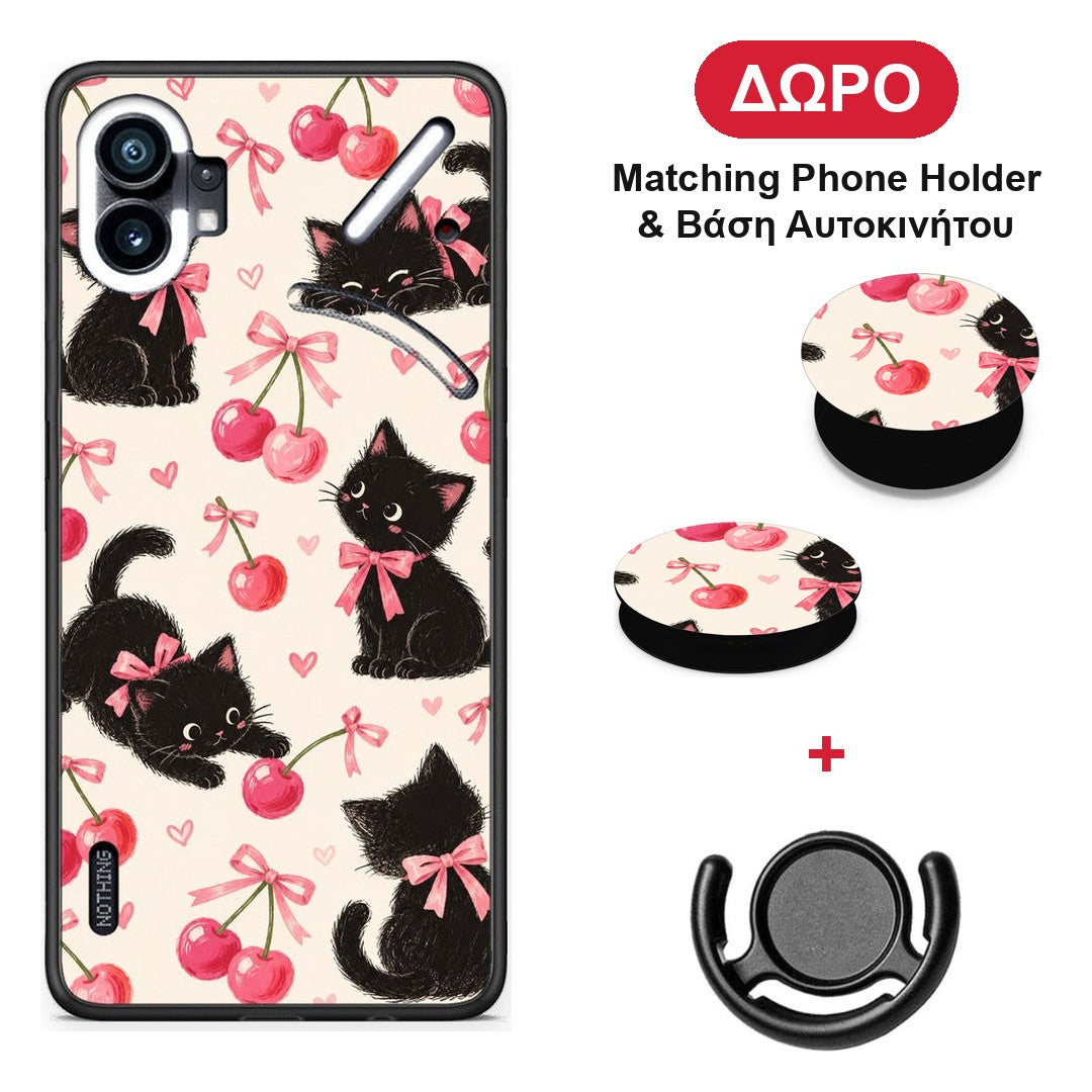 Black Kittens and Cherries on Cream - Nothing Phone 1 θήκη + Δώρο Phone Holder & Βάση Αυτοκινήτου