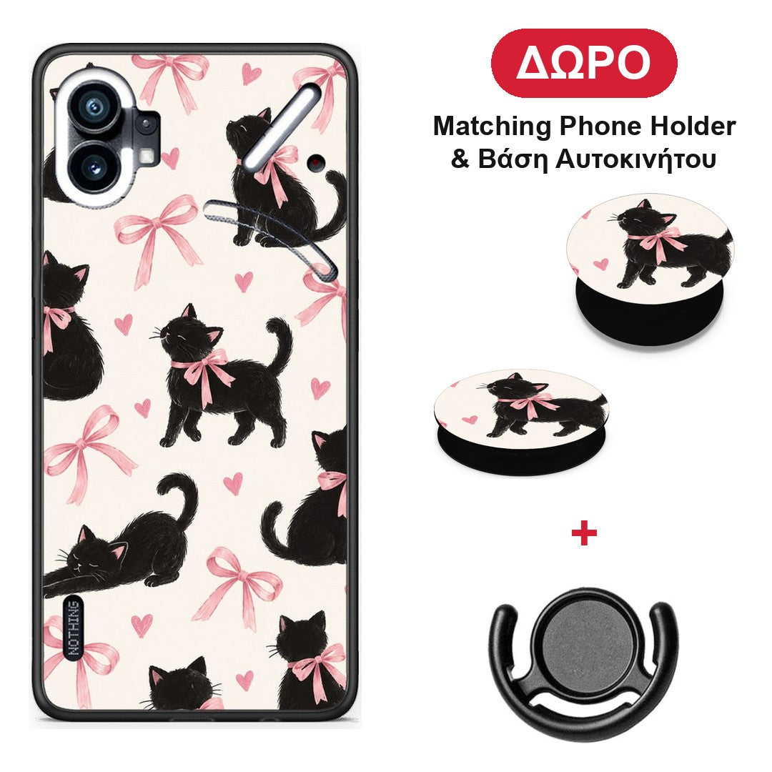 Black Kittens and Pink Bows on Cream Large - Nothing Phone 1 θήκη + Δώρο Phone Holder & Βάση Αυτοκινήτου