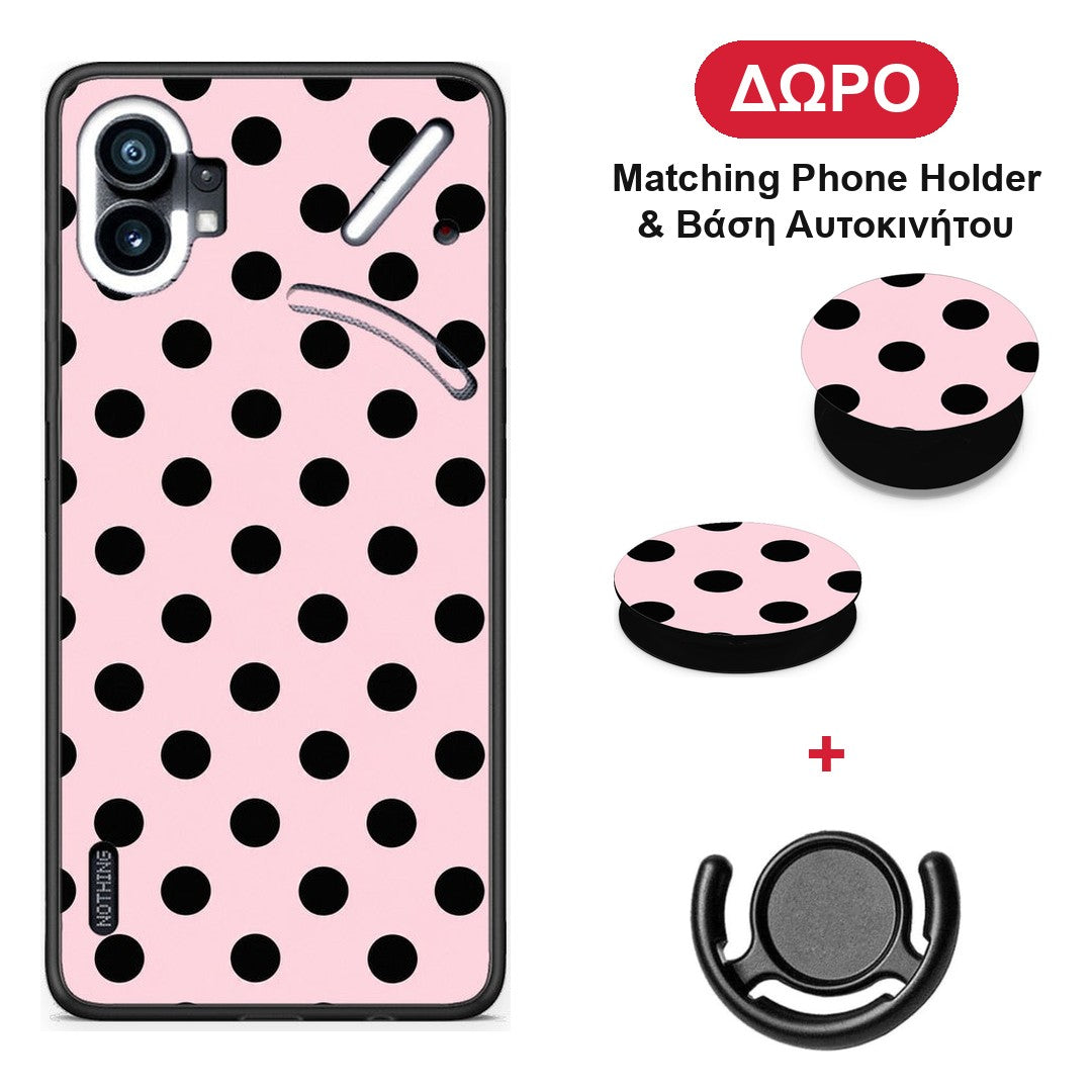Black Polka Dots on Pink - Nothing Phone 1 θήκη + Δώρο Phone Holder & Βάση Αυτοκινήτου
