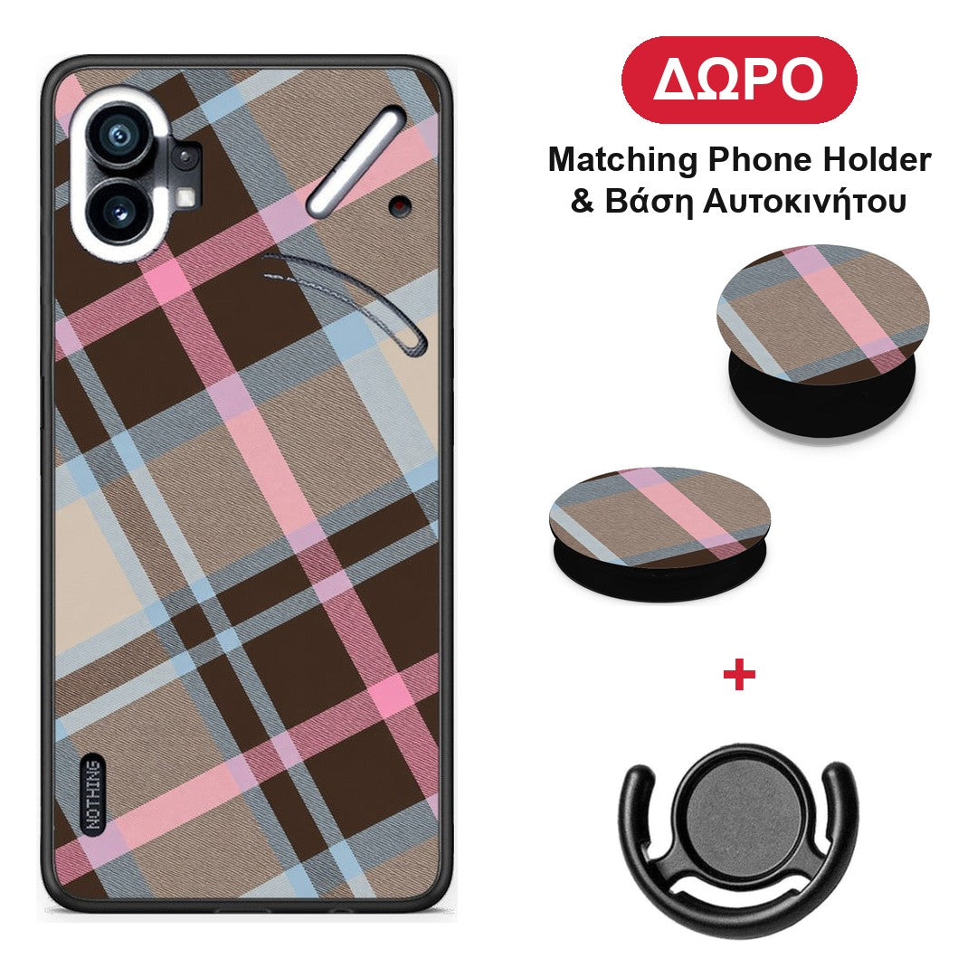 Brown Pink and Blue Diagonal Plaid - Nothing Phone 1 θήκη + Δώρο Phone Holder & Βάση Αυτοκινήτου