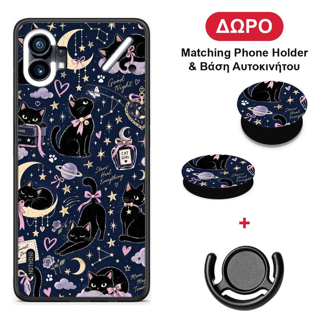 Celestial Black Cats on Navy - Nothing Phone 1 θήκη + Δώρο Phone Holder & Βάση Αυτοκινήτου