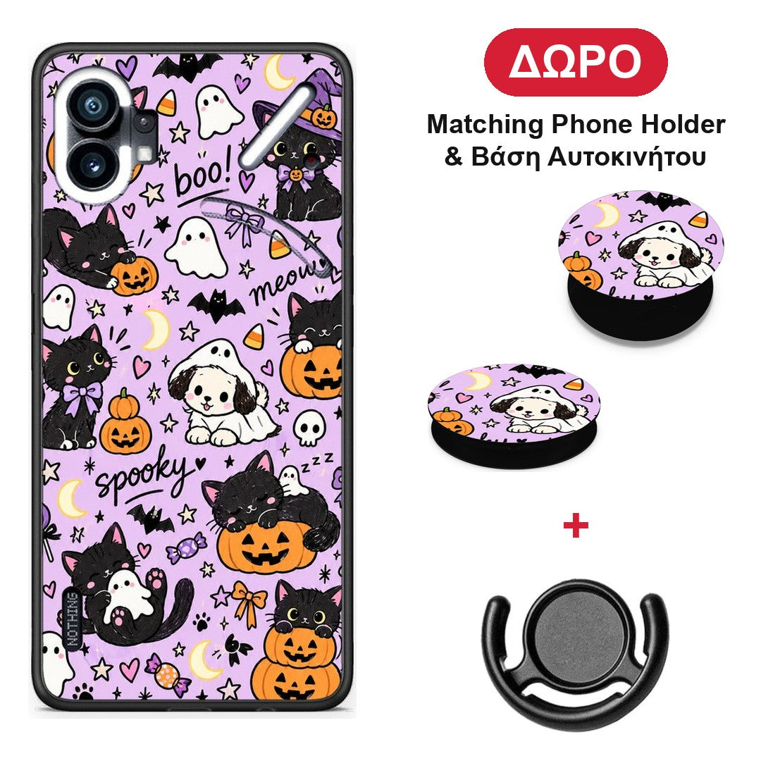 Halloween Black Cats on Lilac - Nothing Phone 1 θήκη + Δώρο Phone Holder & Βάση Αυτοκινήτου