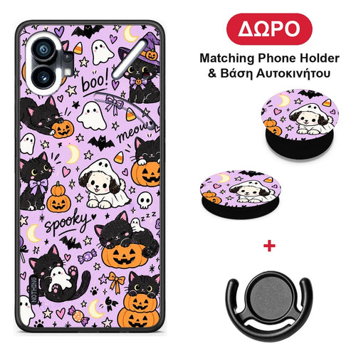Halloween Black Cats on Lilac - Nothing Phone 1 θήκη + Δώρο Phone Holder & Βάση Αυτοκινήτου
