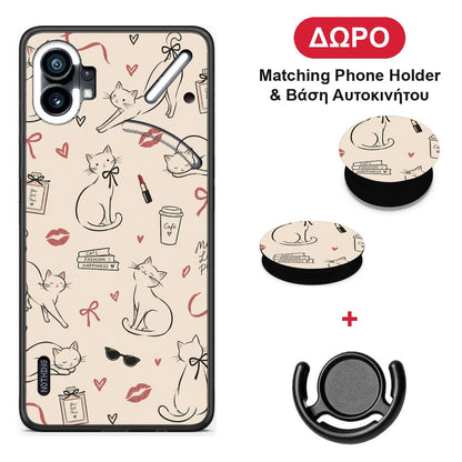 Minimal Cat and Fashion Doodles on Cream - Nothing Phone 1 θήκη + Δώρο Phone Holder & Βάση Αυτοκινήτου