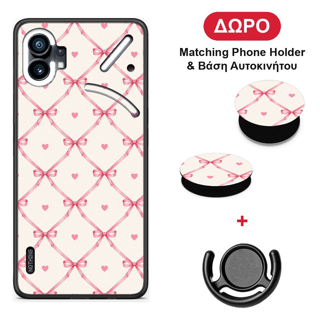 Pink Bow Lattice and Hearts on Cream - Nothing Phone 1 θήκη + Δώρο Phone Holder & Βάση Αυτοκινήτου