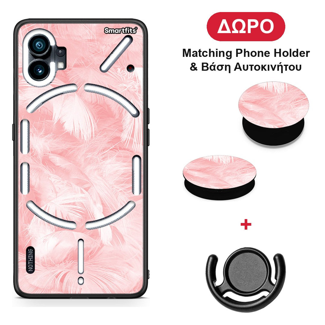 Boho Pink Feather - Nothing Phone 1 θήκη + Δώρο Phone Holder & Βάση Αυτοκινήτου