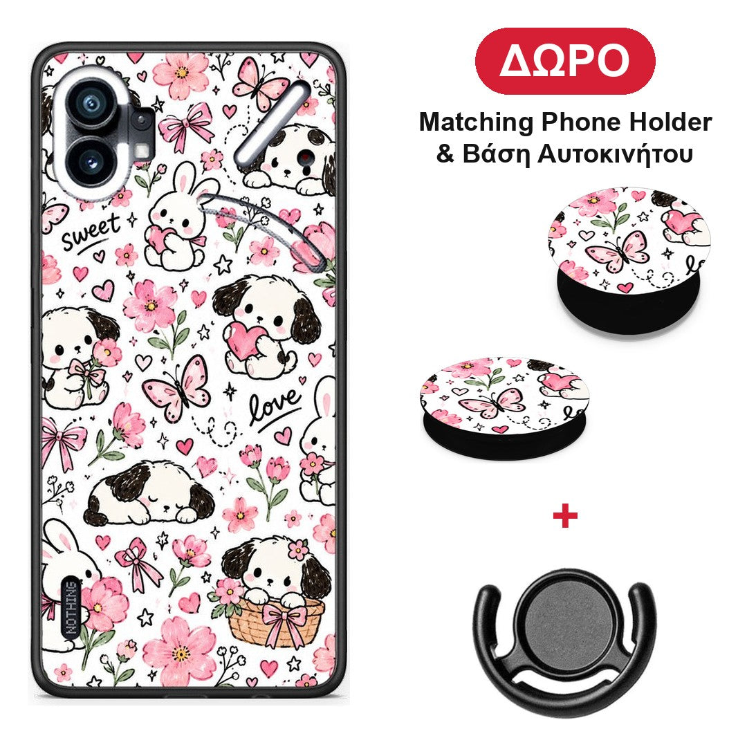 Pink Florals Puppies and Bunnies on White - Nothing Phone 1 θήκη + Δώρο Phone Holder & Βάση Αυτοκινήτου