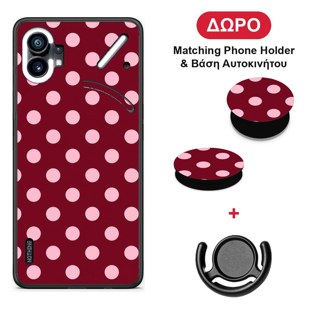 Pink Polka Dots on Burgundy - Nothing Phone 1 θήκη + Δώρο Phone Holder & Βάση Αυτοκινήτου