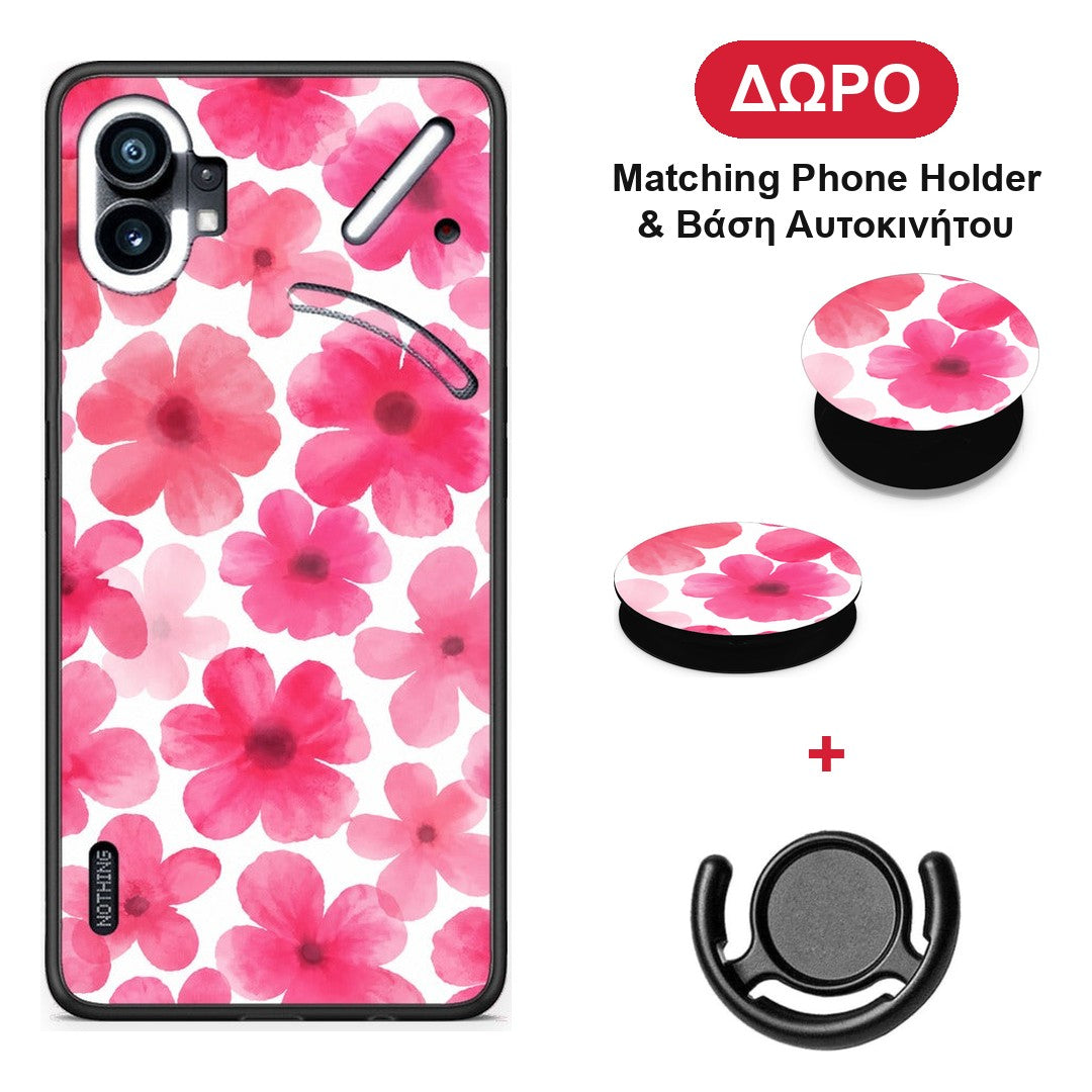 Pink Watercolour Flowers on White - Nothing Phone 1 θήκη + Δώρο Phone Holder & Βάση Αυτοκινήτου