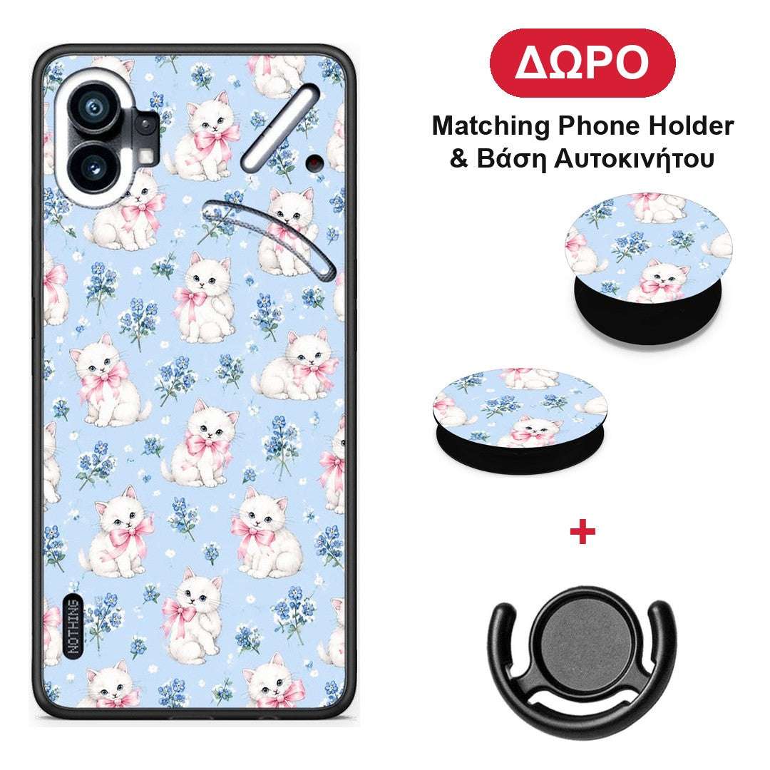 White Kittens and Blue Flowers Small - Nothing Phone 1 θήκη + Δώρο Phone Holder & Βάση Αυτοκινήτου