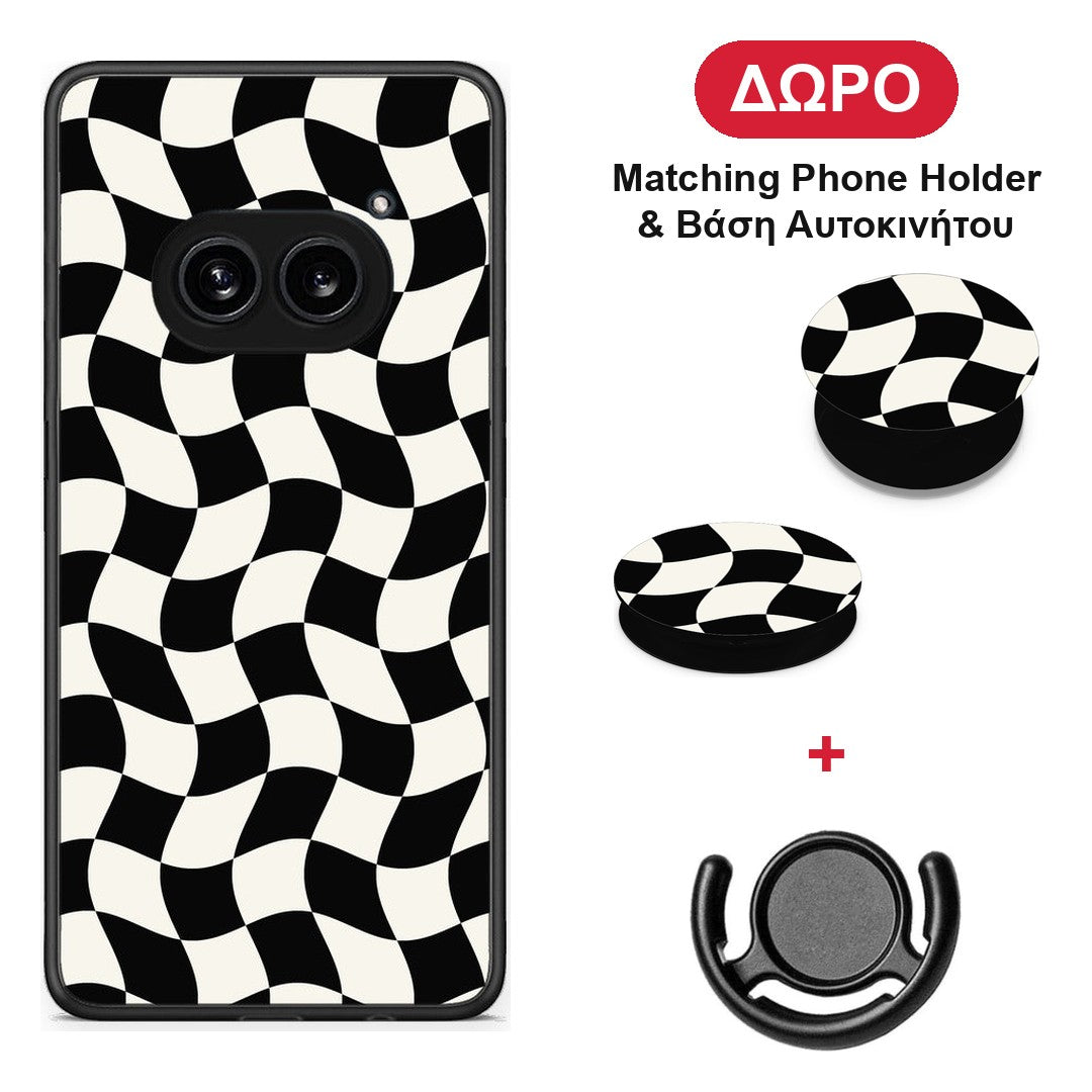 Black and Cream Wavy Checkerboard - Nothing Phone 2a θήκη + Δώρο Phone Holder & Βάση Αυτοκινήτου