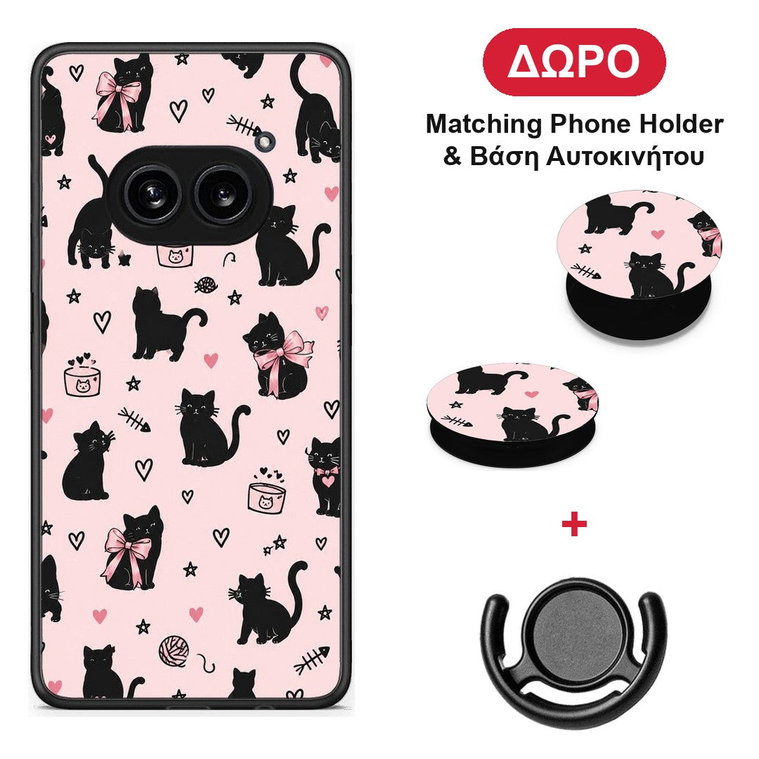 Black Cat Doodles on Pink - Nothing Phone 2a θήκη + Δώρο Phone Holder & Βάση Αυτοκινήτου