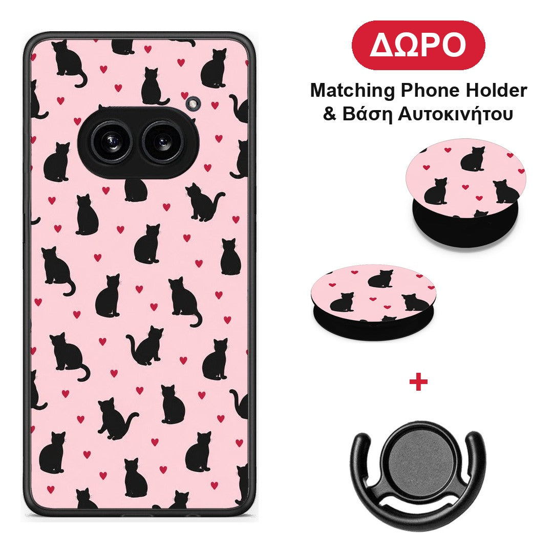 Black Cat Silhouettes and Hearts on Pink - Nothing Phone 2a θήκη + Δώρο Phone Holder & Βάση Αυτοκινήτου