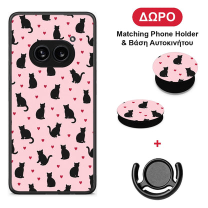 Black Cat Silhouettes and Hearts on Pink - Nothing Phone 2a θήκη + Δώρο Phone Holder & Βάση Αυτοκινήτου