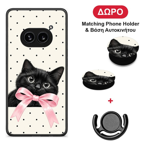 Black Kitten Pink Bow and Polka Dots - Nothing Phone 2a θήκη + Δώρο Phone Holder & Βάση Αυτοκινήτου