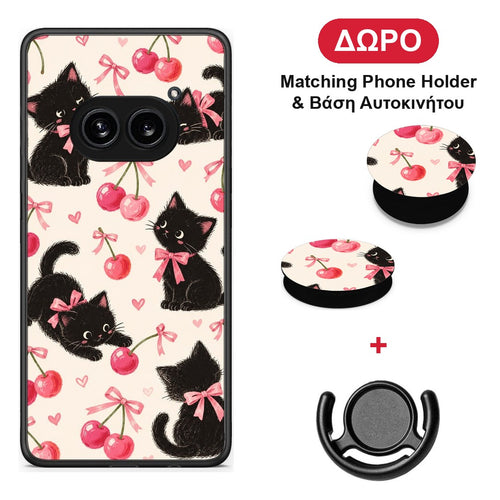 Black Kittens and Cherries on Cream - Nothing Phone 2a θήκη + Δώρο Phone Holder & Βάση Αυτοκινήτου