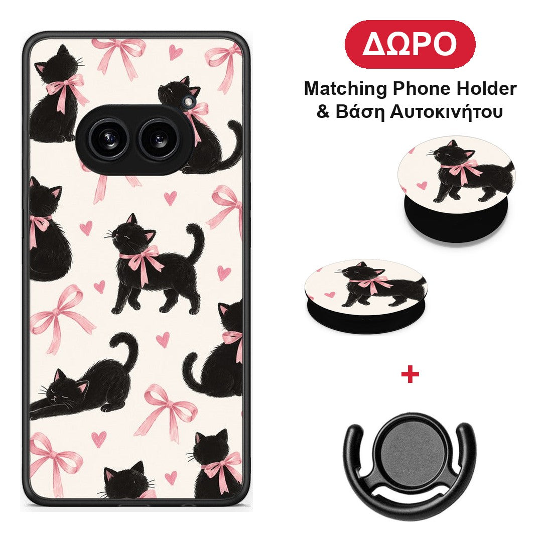 Black Kittens and Pink Bows on Cream Large - Nothing Phone 2a θήκη + Δώρο Phone Holder & Βάση Αυτοκινήτου