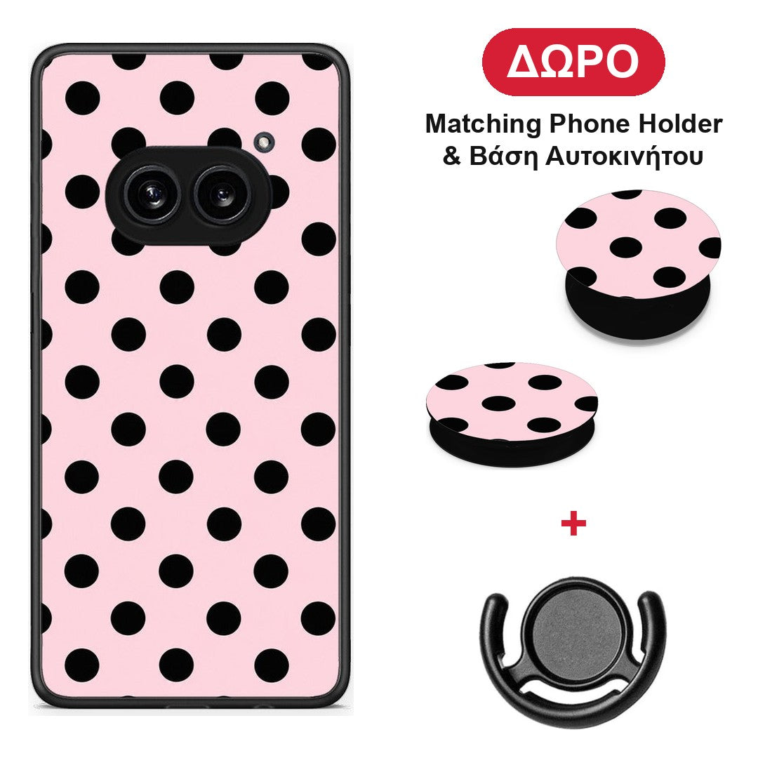 Black Polka Dots on Pink - Nothing Phone 2a θήκη + Δώρο Phone Holder & Βάση Αυτοκινήτου
