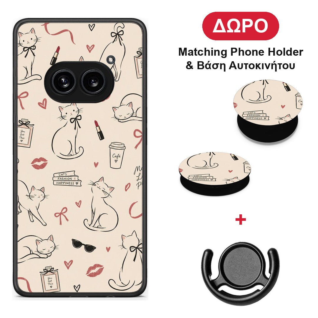 Minimal Cat and Fashion Doodles on Cream - Nothing Phone 2a θήκη + Δώρο Phone Holder & Βάση Αυτοκινήτου