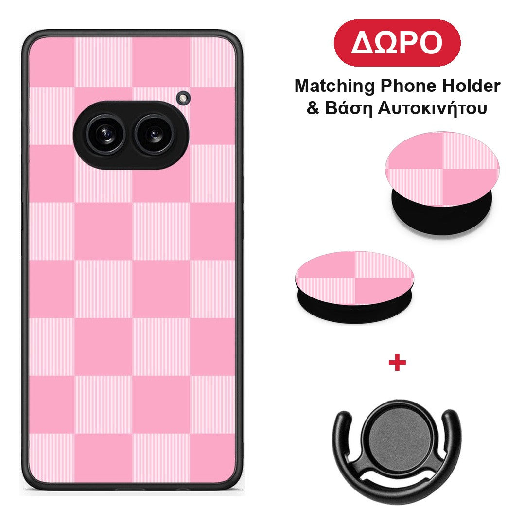 Pink and White Striped Checks - Nothing Phone 2a θήκη + Δώρο Phone Holder & Βάση Αυτοκινήτου
