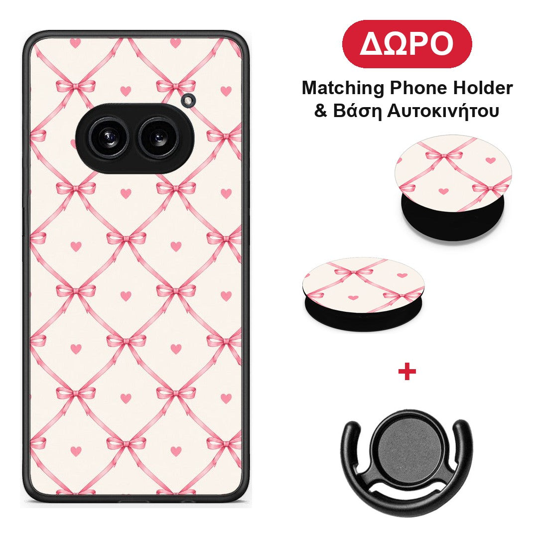 Pink Bow Lattice and Hearts on Cream - Nothing Phone 2a θήκη + Δώρο Phone Holder & Βάση Αυτοκινήτου