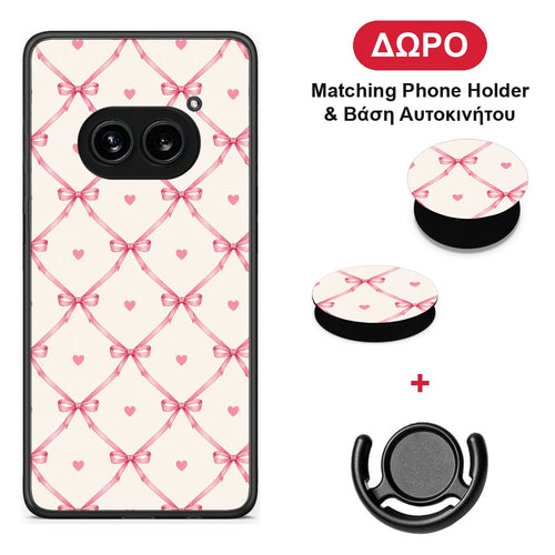 Pink Bow Lattice and Hearts on Cream - Nothing Phone 2a θήκη + Δώρο Phone Holder & Βάση Αυτοκινήτου