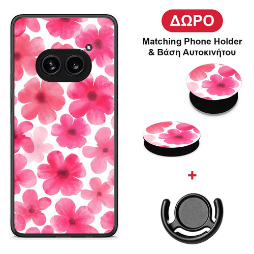 Pink Watercolour Flowers on White - Nothing Phone 2a θήκη + Δώρο Phone Holder & Βάση Αυτοκινήτου