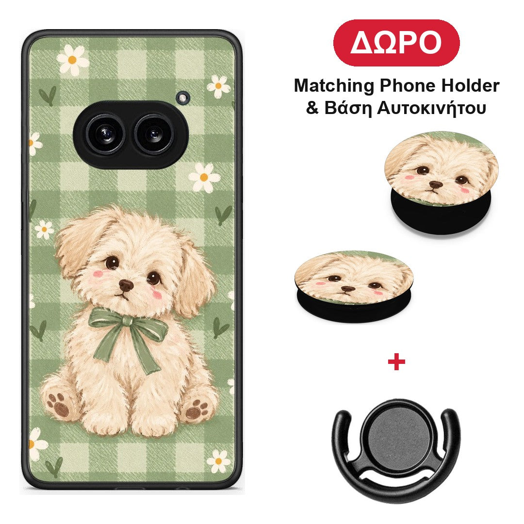 Puppy and Daisies on Sage Gingham - Nothing Phone 2a θήκη + Δώρο Phone Holder & Βάση Αυτοκινήτου