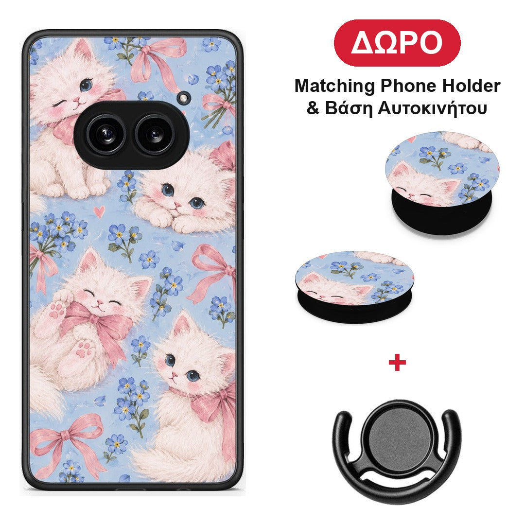 White Kittens and Blue Flowers Large - Nothing Phone 2a θήκη + Δώρο Phone Holder & Βάση Αυτοκινήτου