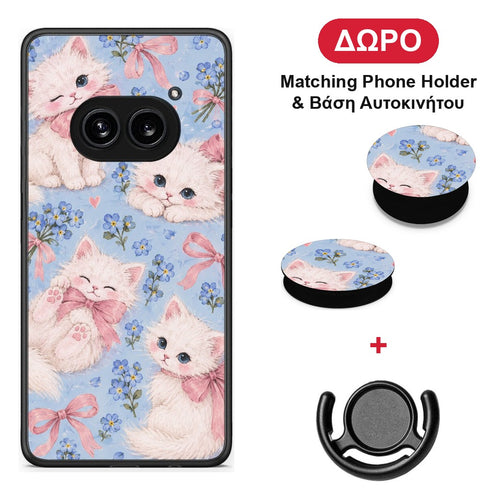 White Kittens and Blue Flowers Large - Nothing Phone 2a θήκη + Δώρο Phone Holder & Βάση Αυτοκινήτου