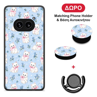 White Kittens and Blue Flowers Small - Nothing Phone 2a θήκη + Δώρο Phone Holder & Βάση Αυτοκινήτου