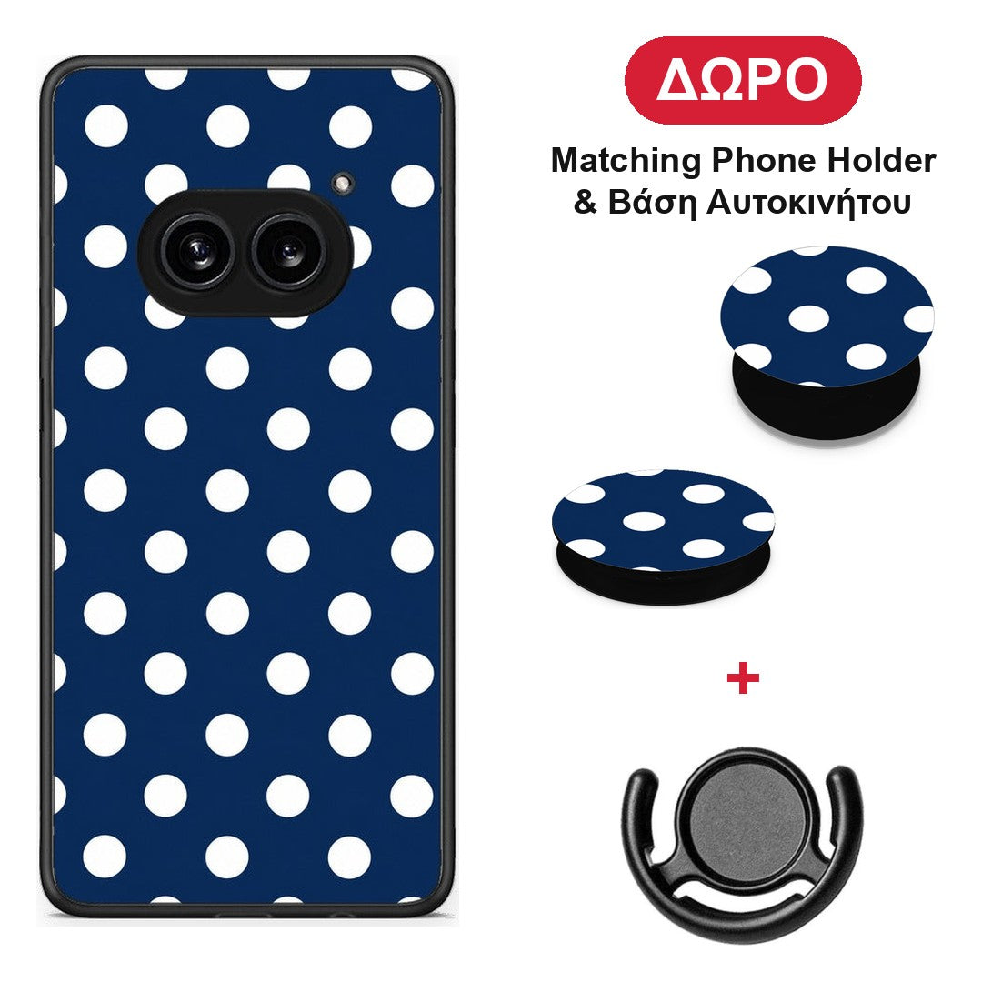 White Large Polka Dots on Navy - Nothing Phone 2a θήκη + Δώρο Phone Holder & Βάση Αυτοκινήτου