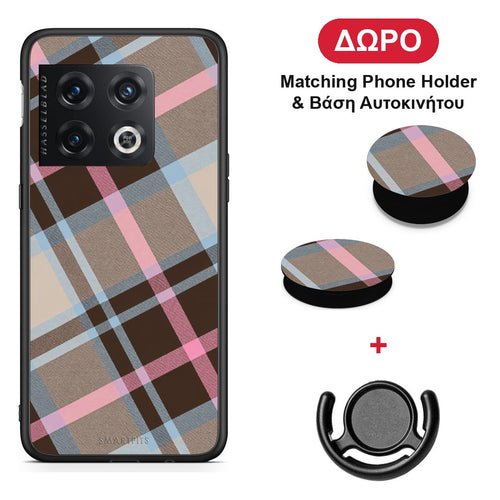 Brown Pink and Blue Diagonal Plaid - OnePlus 10 Pro θήκη + Δώρο Phone Holder & Βάση Αυτοκινήτου