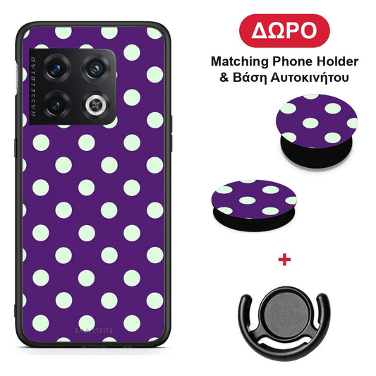 Mint Polka Dots on Purple - OnePlus 10 Pro θήκη + Δώρο Phone Holder & Βάση Αυτοκινήτου
