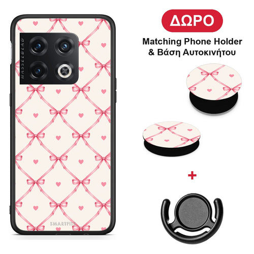 Pink Bow Lattice and Hearts on Cream - OnePlus 10 Pro θήκη + Δώρο Phone Holder & Βάση Αυτοκινήτου