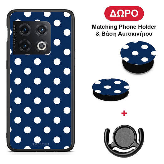White Large Polka Dots on Navy - OnePlus 10 Pro θήκη + Δώρο Phone Holder & Βάση Αυτοκινήτου