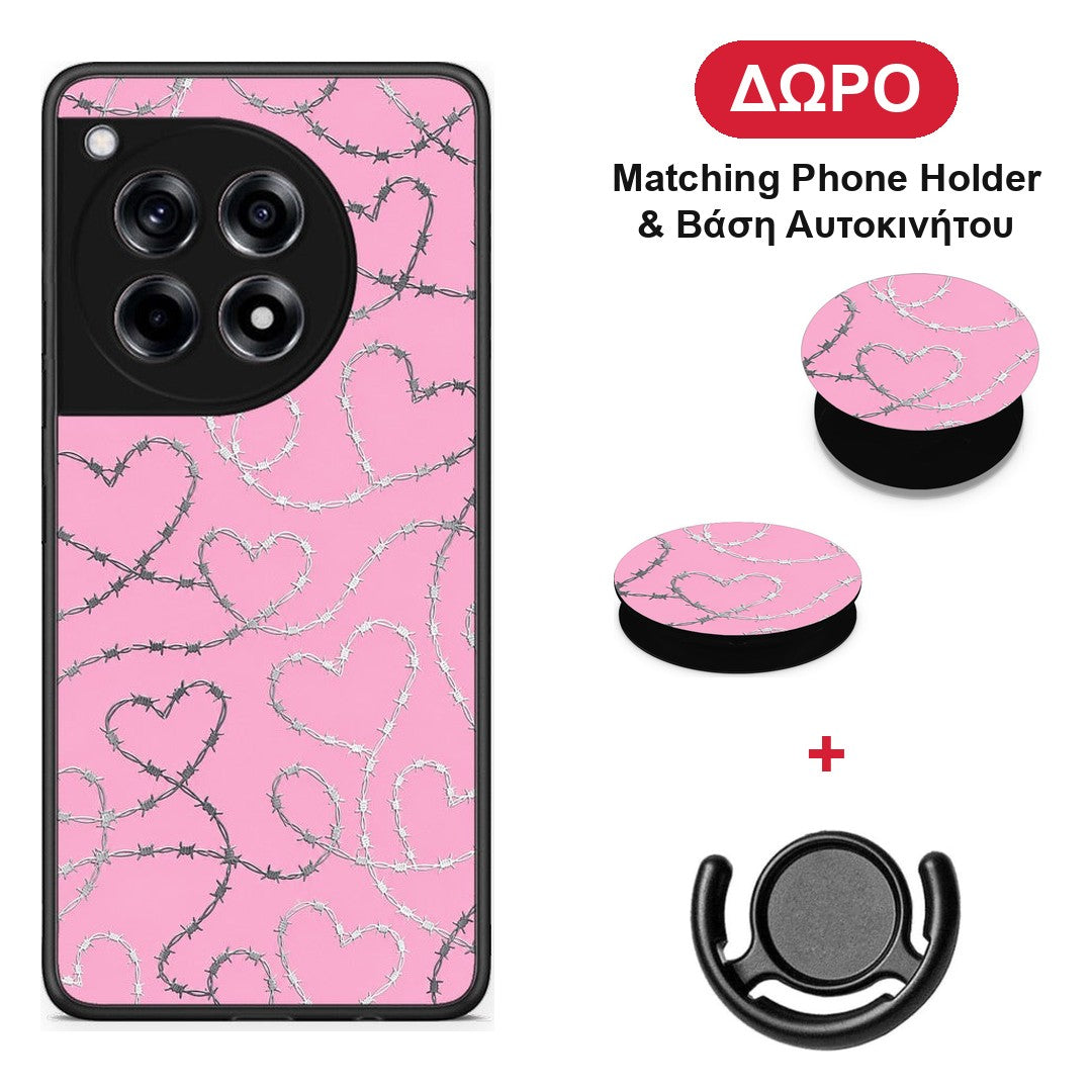 Barbed Wire Hearts on Pink - OnePlus 12R 5G θήκη + Δώρο Phone Holder & Βάση Αυτοκινήτου
