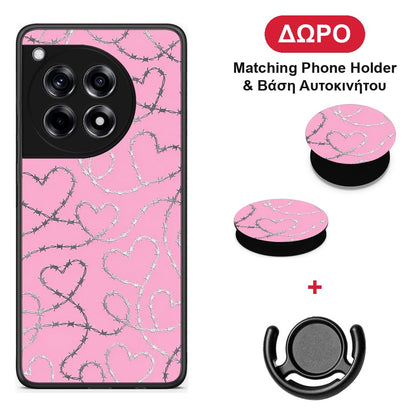 Barbed Wire Hearts on Pink - OnePlus 12R 5G θήκη + Δώρο Phone Holder & Βάση Αυτοκινήτου