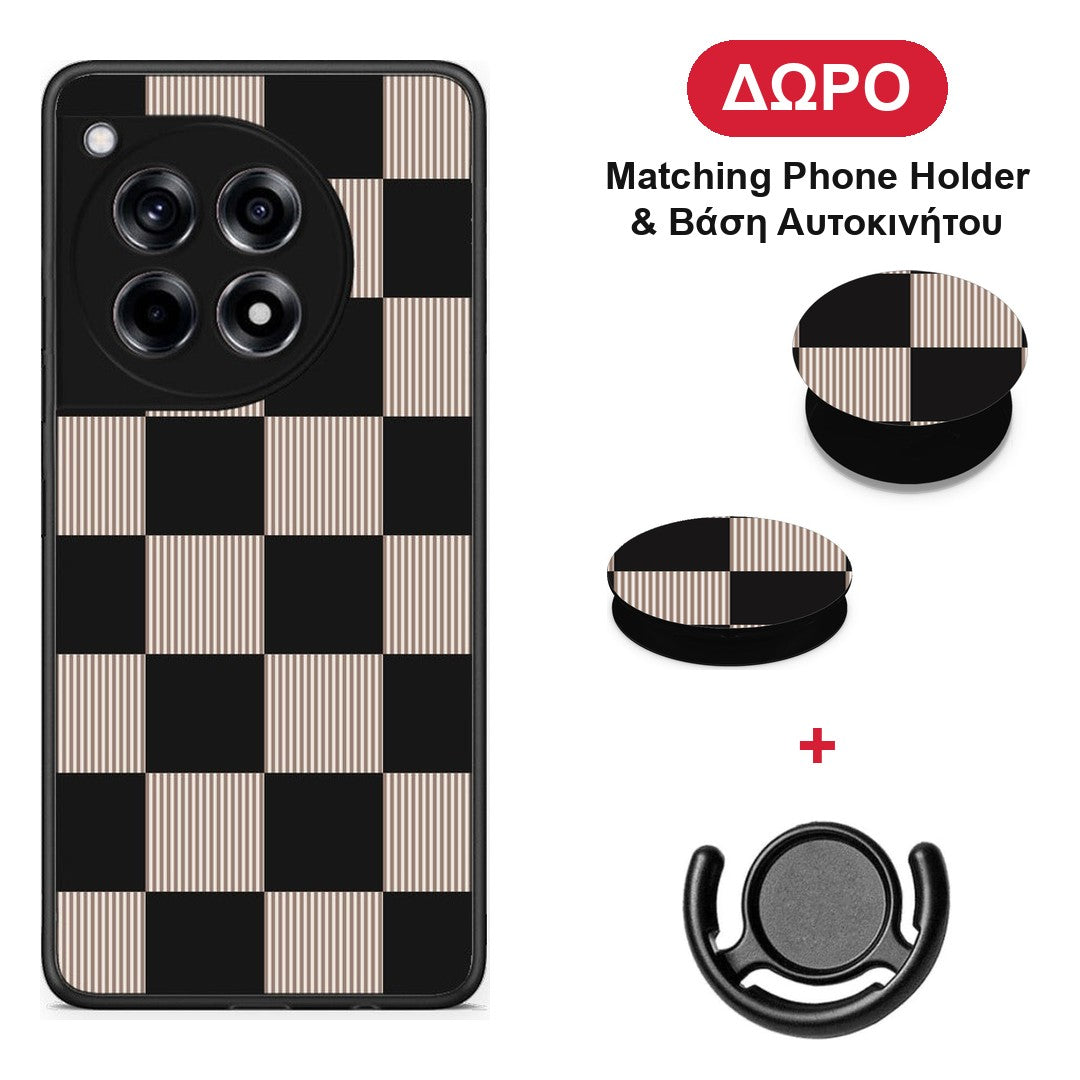 Black and Taupe Striped Checks - OnePlus 12R 5G θήκη + Δώρο Phone Holder & Βάση Αυτοκινήτου