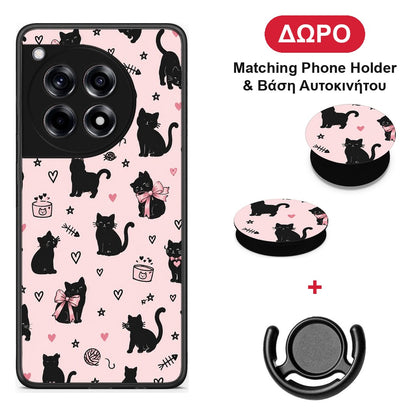 Black Cat Doodles on Pink - OnePlus 12R 5G θήκη + Δώρο Phone Holder & Βάση Αυτοκινήτου